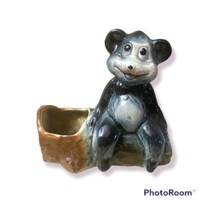 Vintage Ceramic Planter Happy Black Bear on Log Great For Succulents